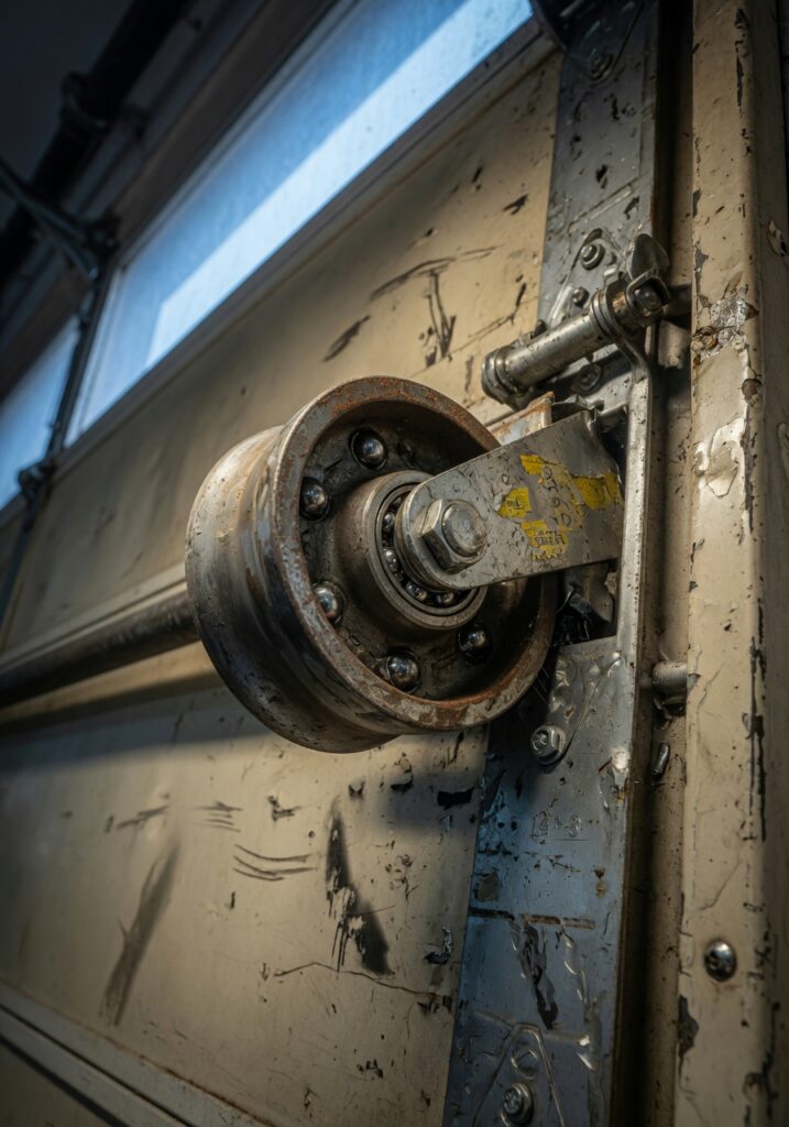 Ultra-realistic 8K image of a noisy traditional steel garage door roller with visible wear and rust, showing metal ball bearings, close-up detail on a garage door track, professional photography, sharp focus