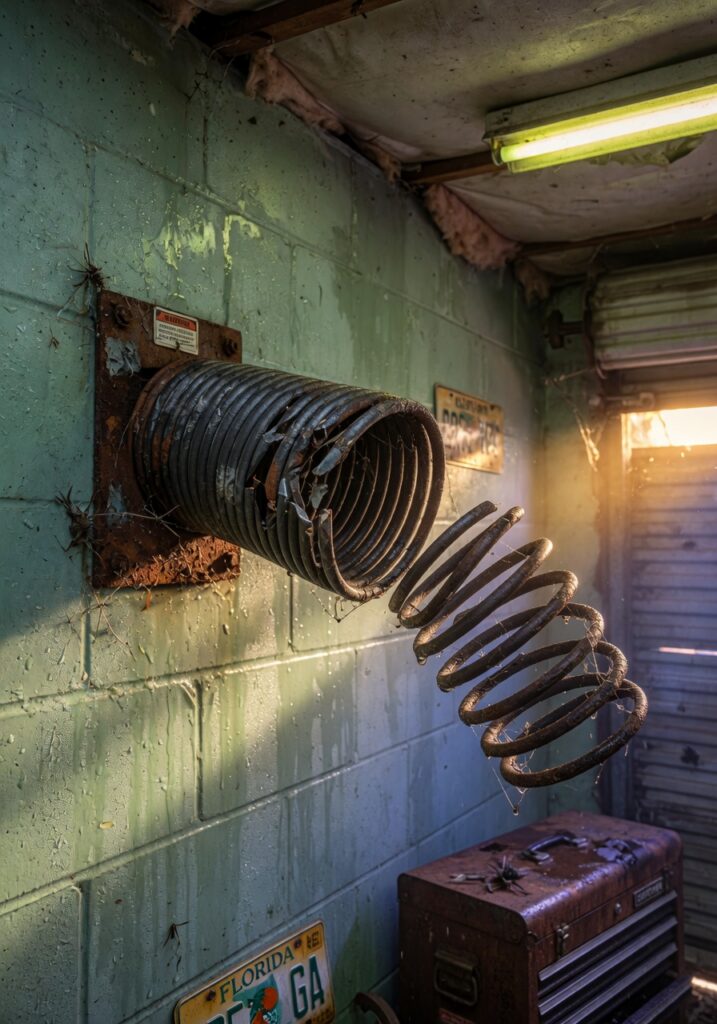 Ultra-realistic 8K photo of a broken rusty garage door torsion spring in a hot humid Southwest Florida garage with condensation on walls, dramatic lighting, highly detailed metal texture