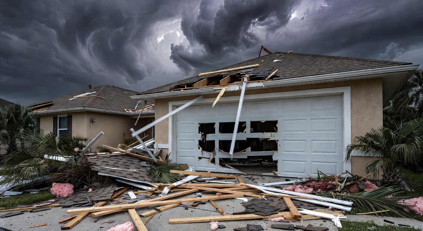 Hurricane damaged garage door on a Cape Coral home after a storm, realistic debris and structural damage, dramatic sky in background