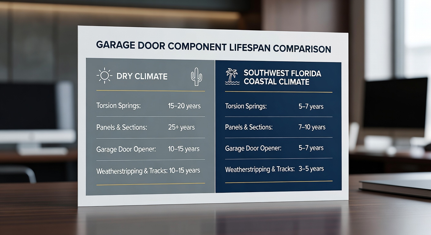 Comparison chart graphic showing garage door component lifespan in dry climate versus Southwest Florida coastal climate, clean modern design with icons, ultra sharp 8K