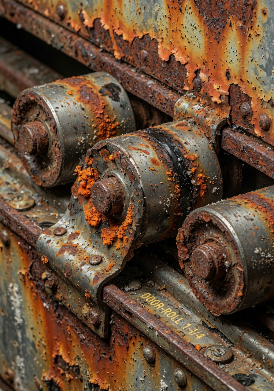 Heavily corroded metal garage door rollers covered in orange rust due to Florida salt air, extreme close-up texture, ultra-realistic 8K image