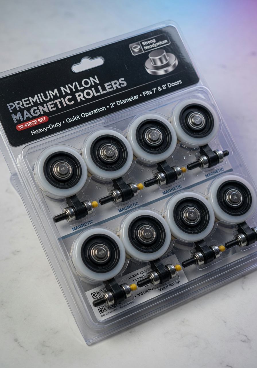 Ultra-realistic 8K image of a brand new set of nylon magnetic garage door rollers arranged neatly in packaging, premium product photography