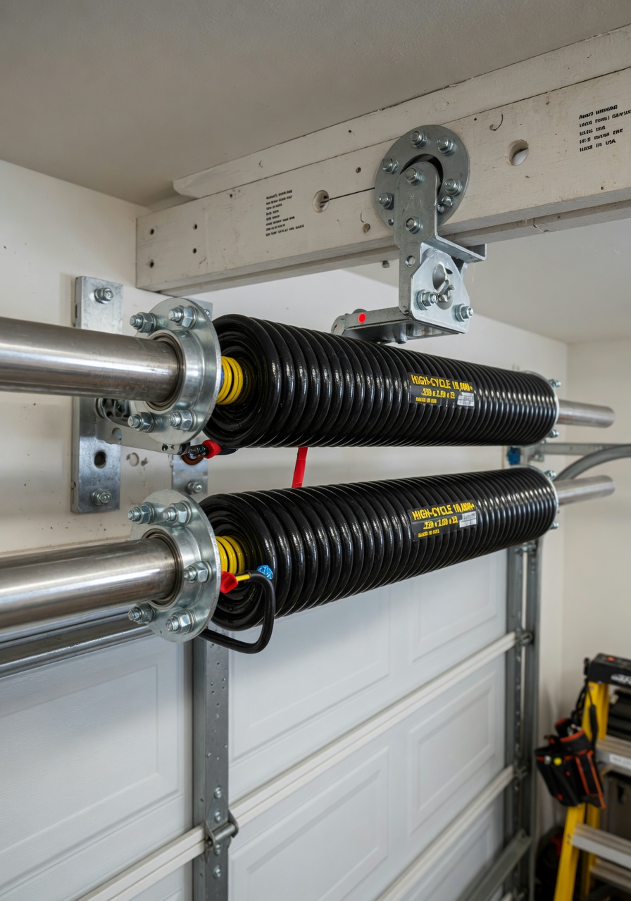 New heavy-duty high-cycle torsion springs installed on a garage door, shiny metal with protective coating, professional installation, clean realistic 8K image