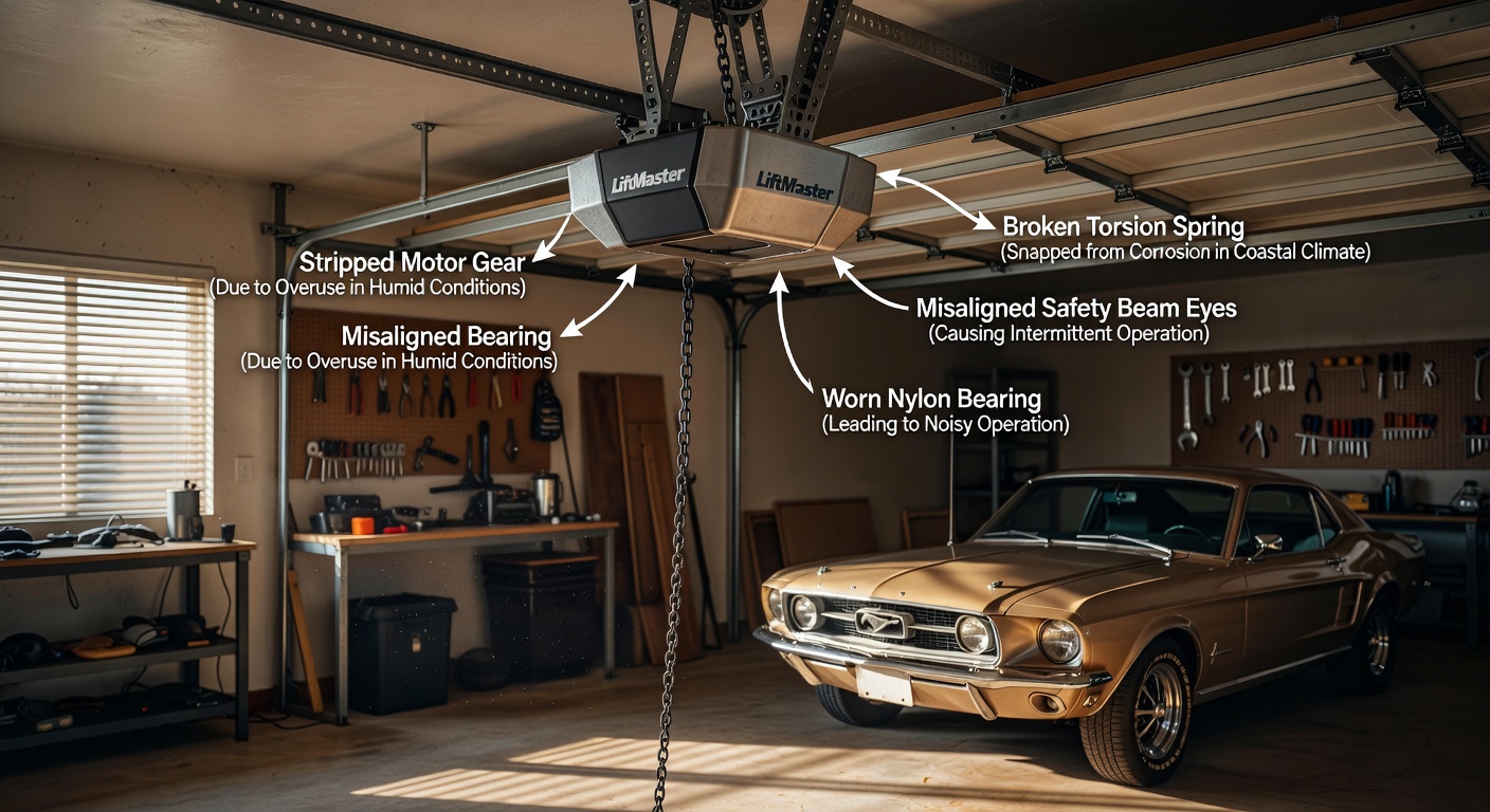 Safety sensor alignment demonstration on garage door track with red alignment beams visible, technical and detailed 8K image