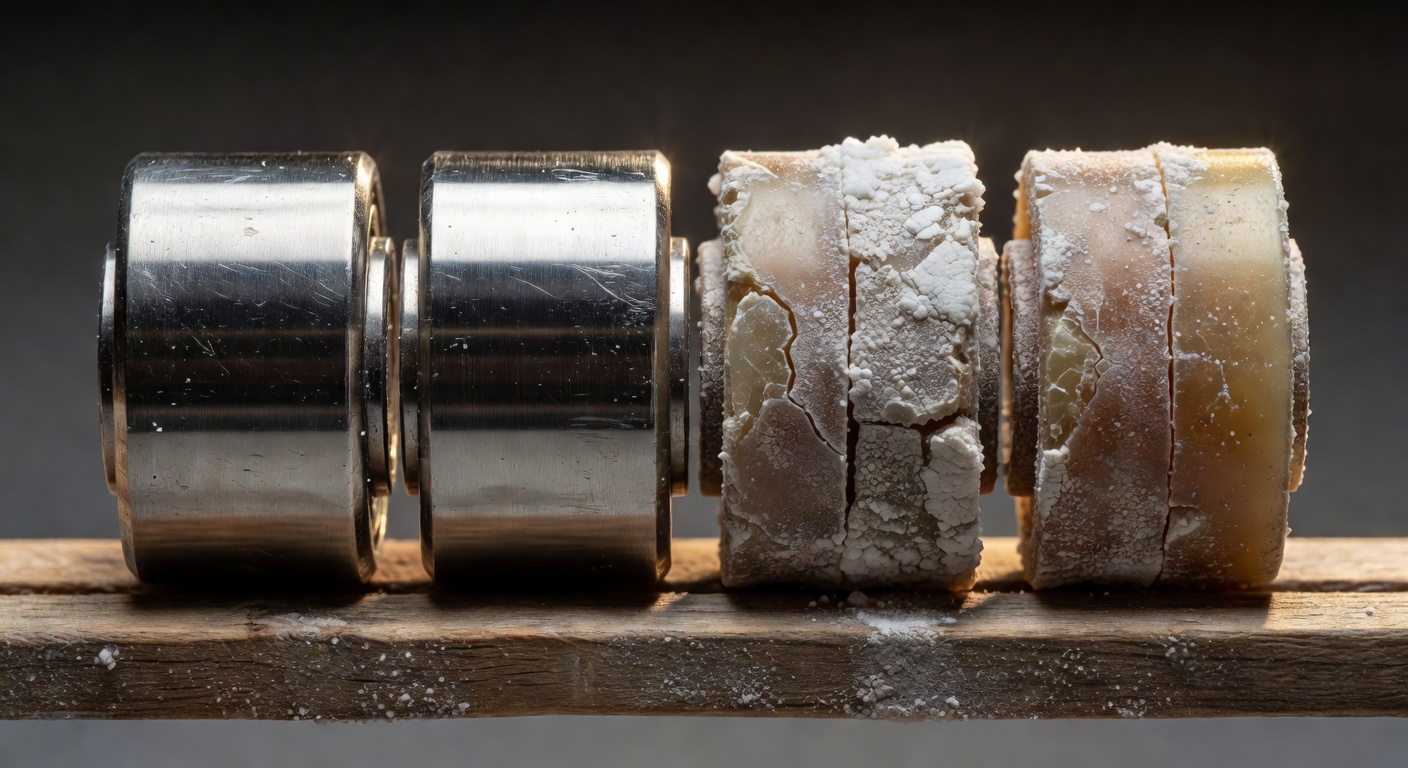 Stainless steel ball bearing rollers versus cheap plastic rollers side by side, one showing heavy wear from salt air, detailed macro shot, realistic lighting