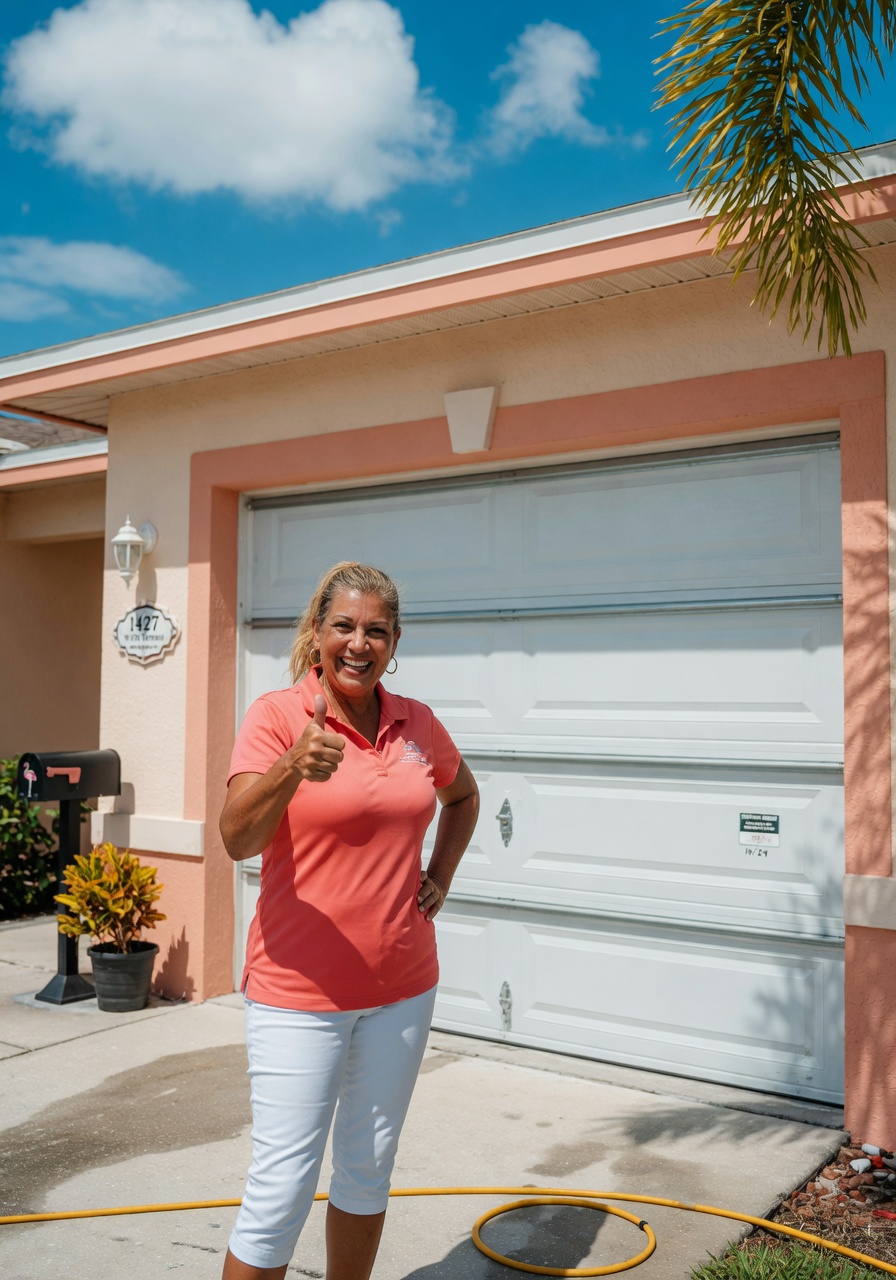 Happy Cape Coral homeowner standing in front of newly repaired garage door giving thumbs up, bright sunny Florida day, realistic lifestyle photography