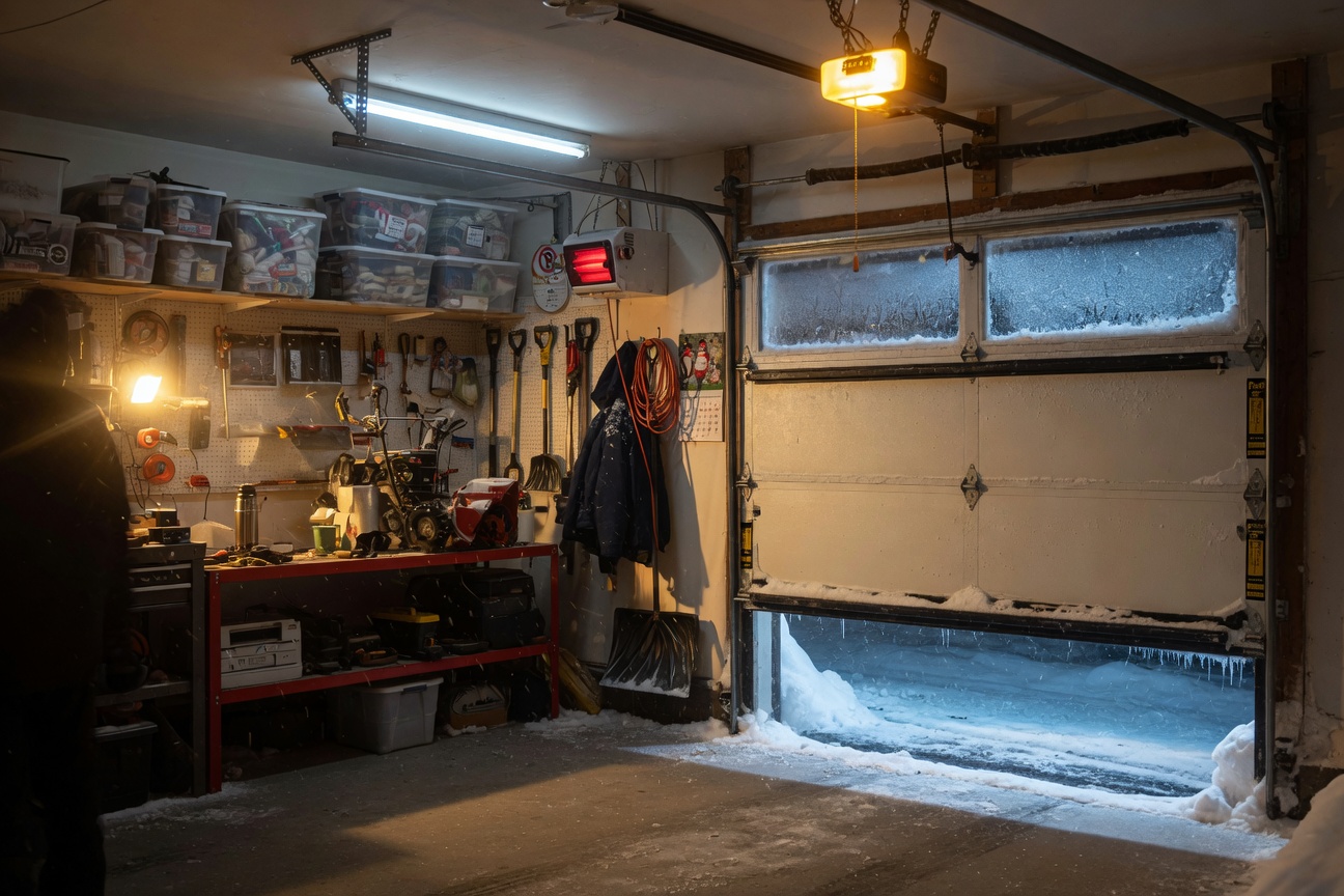 Photorealistic 8K image of a garage interior during winter with snow and ice visible outside but completely sealed out by effective weather stripping, warm interior lighting