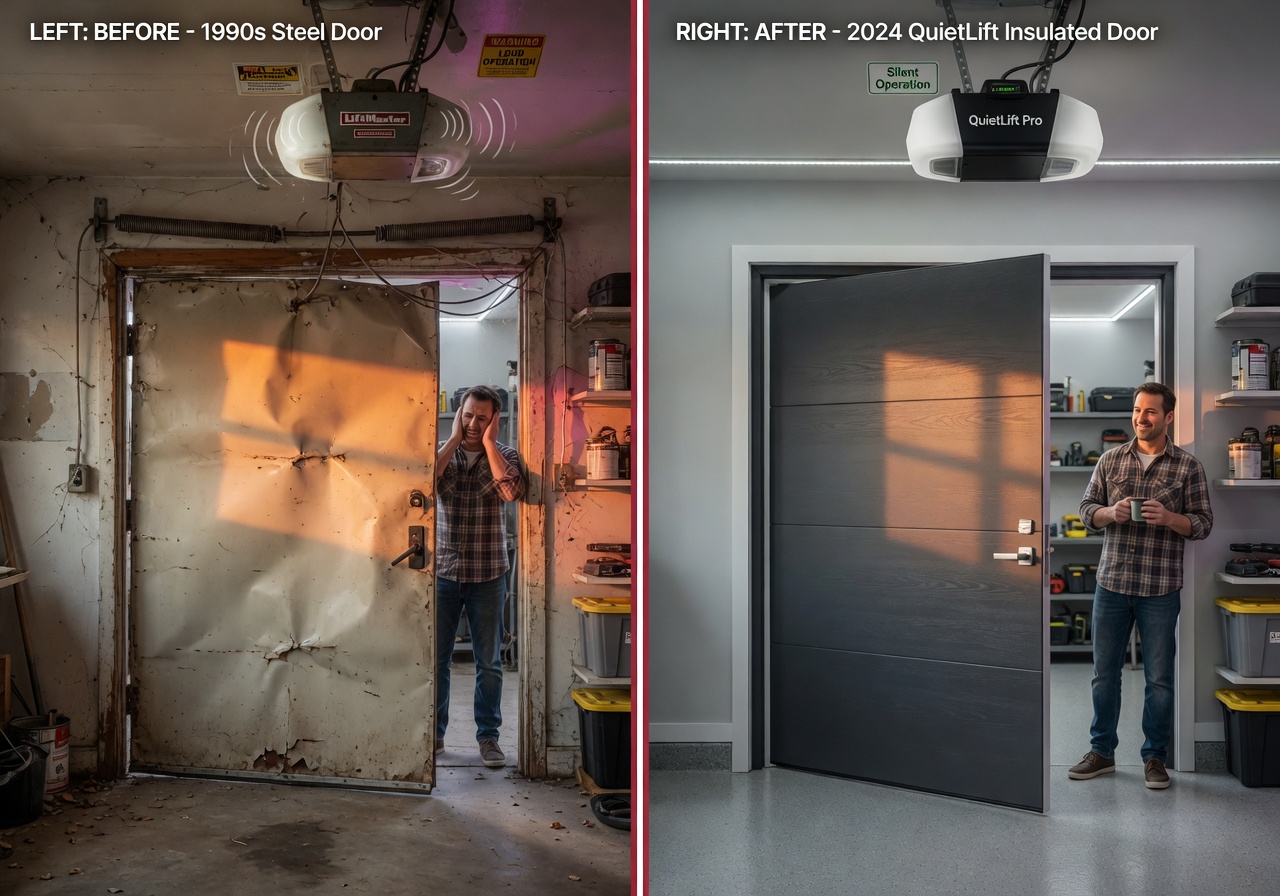 Ultra-realistic 8K image showing before and after garage door operation, split screen with noisy old door on left and quiet new door on right