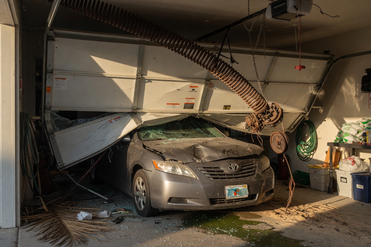 Dangerous situation of a garage door crashed down on top of a car hood in a Florida garage, broken spring visible, dramatic and realistic 8K photography