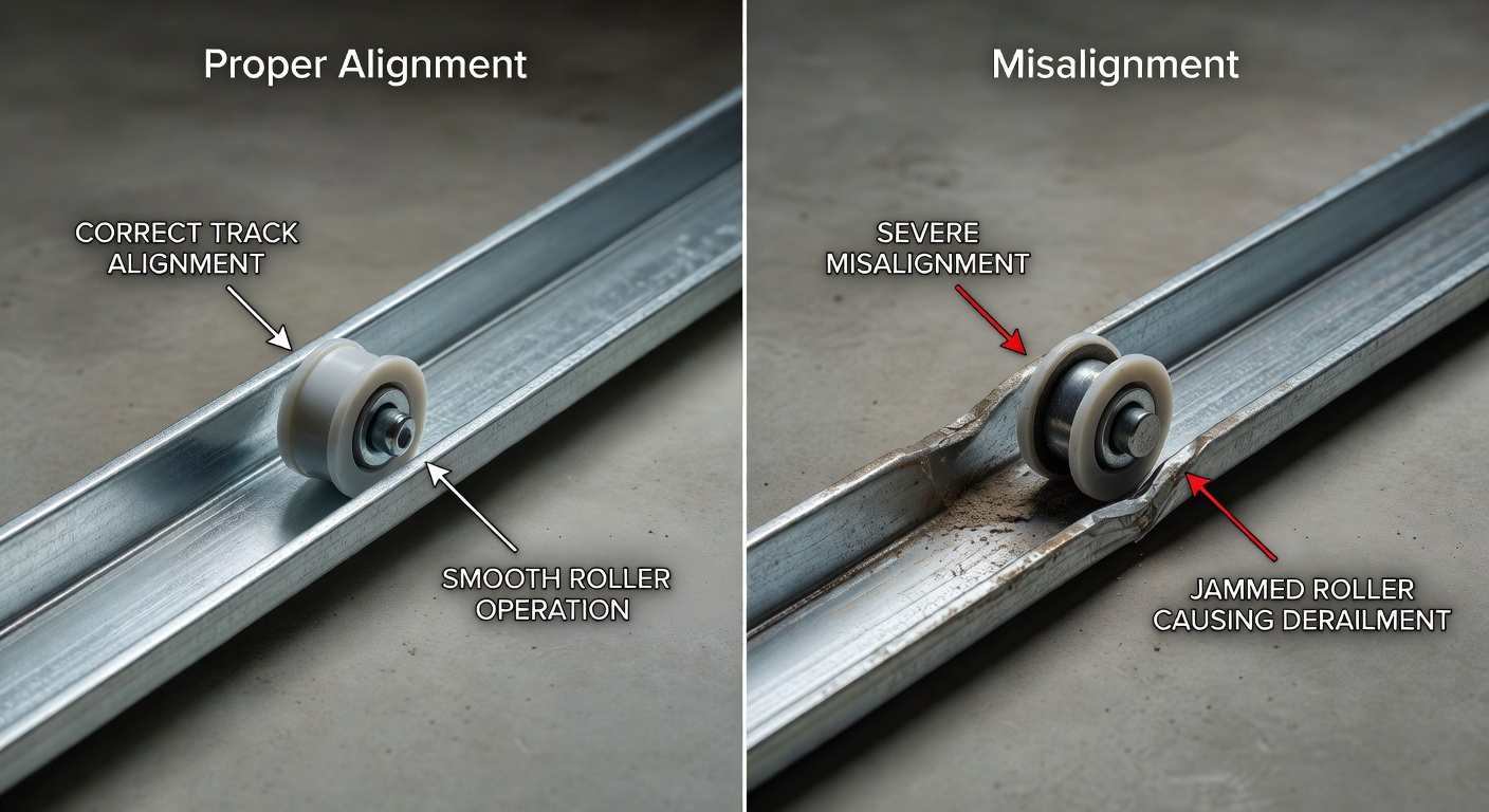 Close-up of properly aligned vs misaligned garage door tracks, side-by-side comparison, technical 8K detail shot with annotations