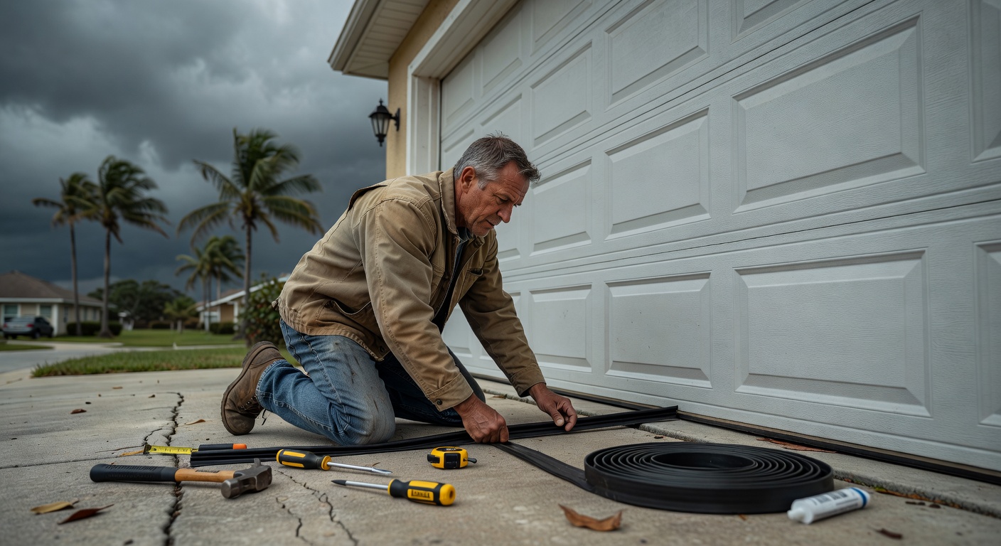 Hurricane preparation scene with homeowner replacing garage door bottom seal before storm season in Florida, tools and new rubber seal visible, realistic 8K photo