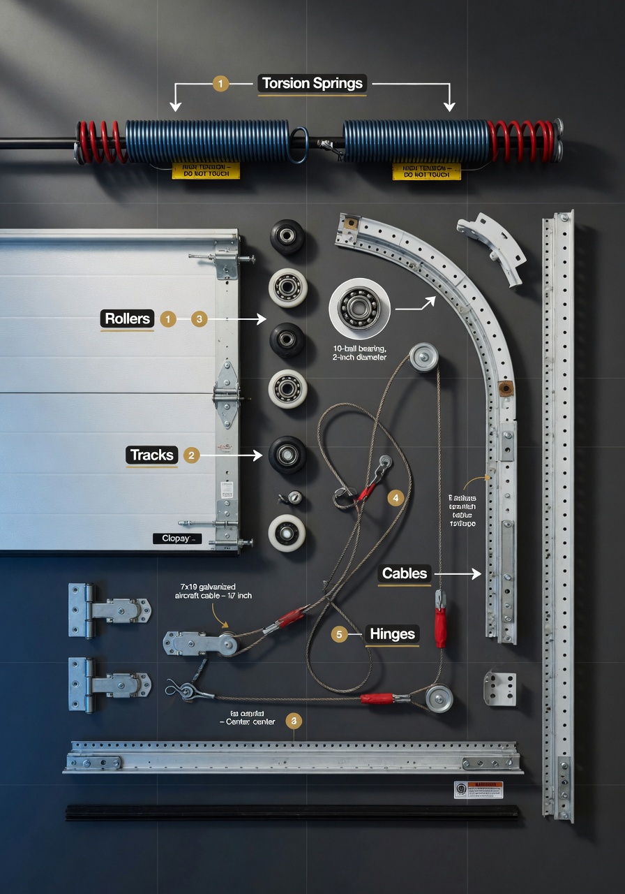 Infographic style but photorealistic image showing common garage door parts labeled: springs, rollers, tracks, cables, hinges, realistic 8K rendering