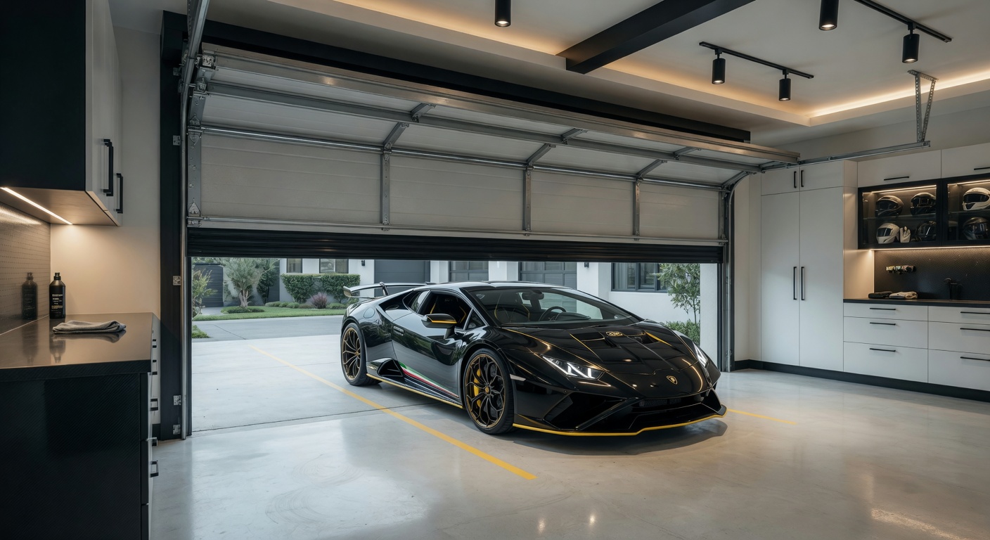8K cinematic wide shot of a luxury home garage with perfectly installed weather seals on all sides of the door, expensive sports car inside, clean concrete floor