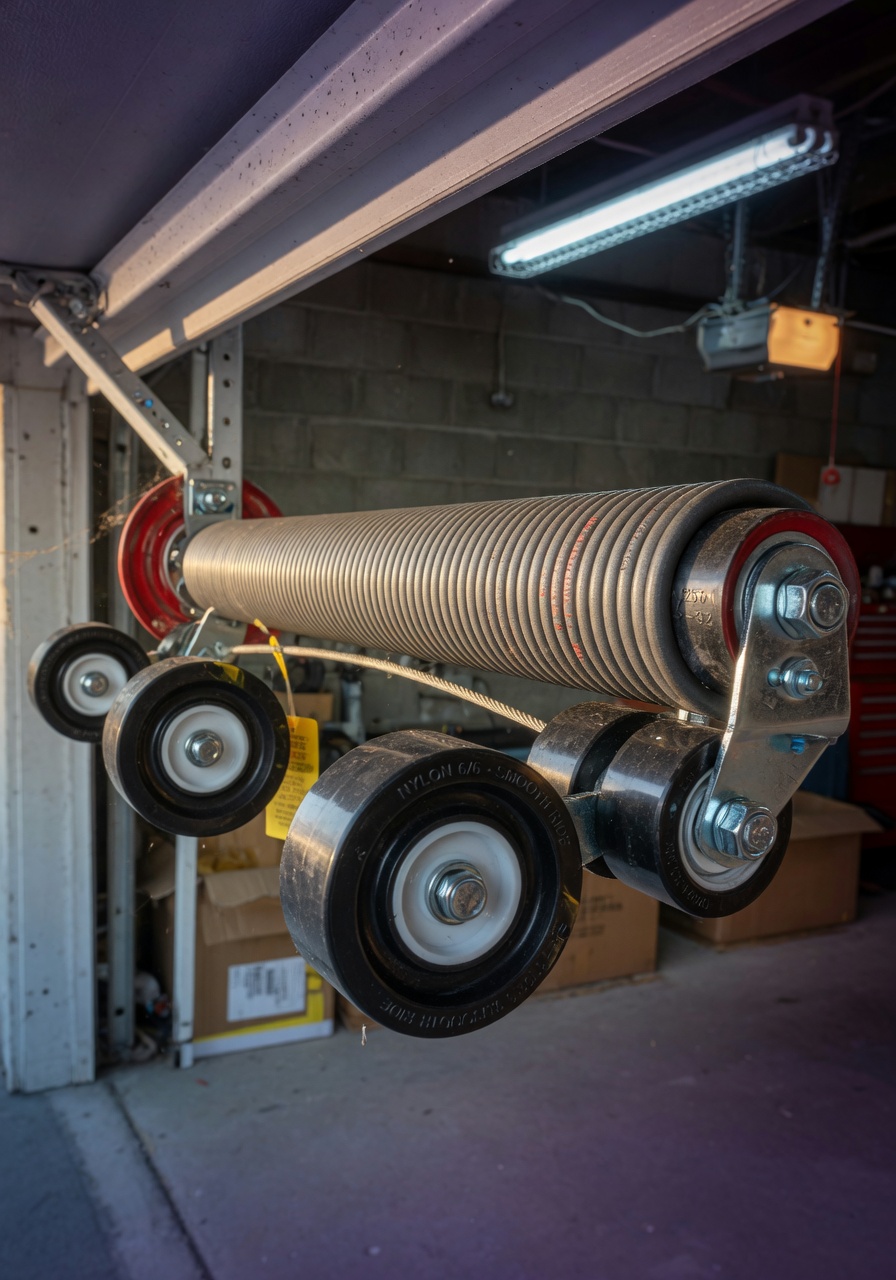 Ultra-realistic 8K close-up of garage door spring system showing reduced tension thanks to new nylon rollers, technical mechanical detail