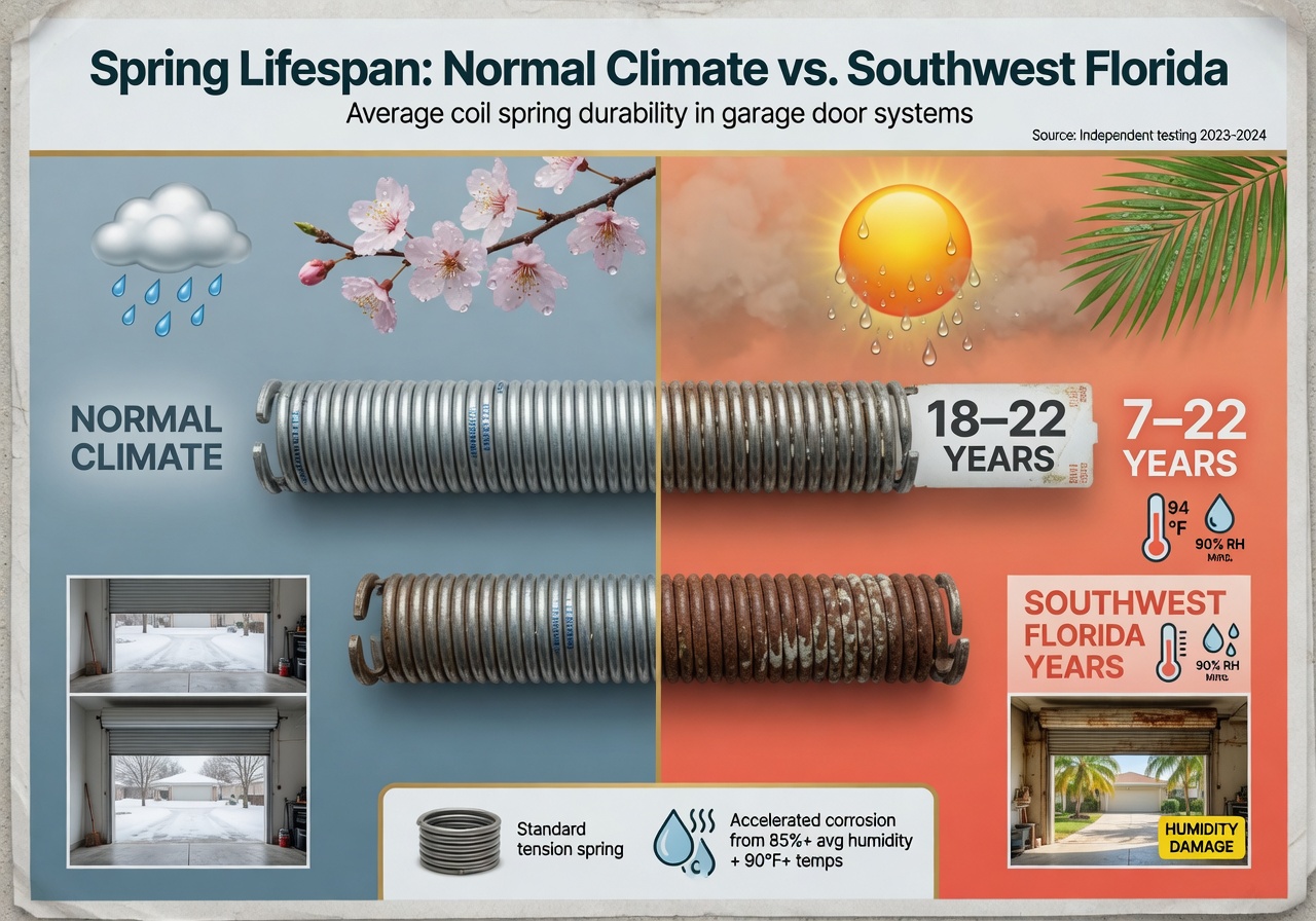Comparison chart showing spring lifespan in normal climate versus Southwest Florida climate with heat and humidity icons, clean professional design merged with realistic elements