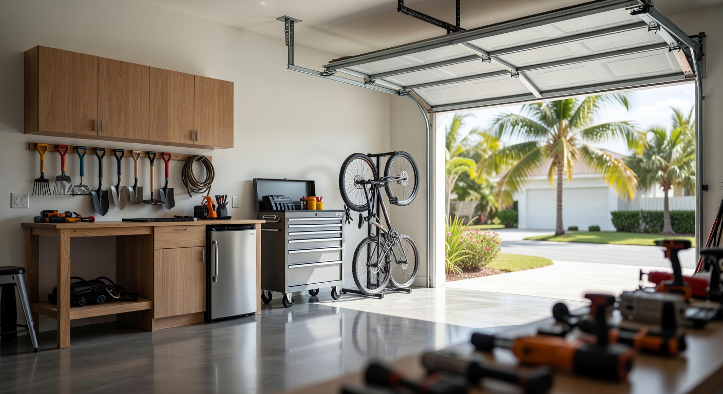 Beautifully maintained garage interior in a Florida home showing organized storage, new garage door visible, bright and clean aesthetic