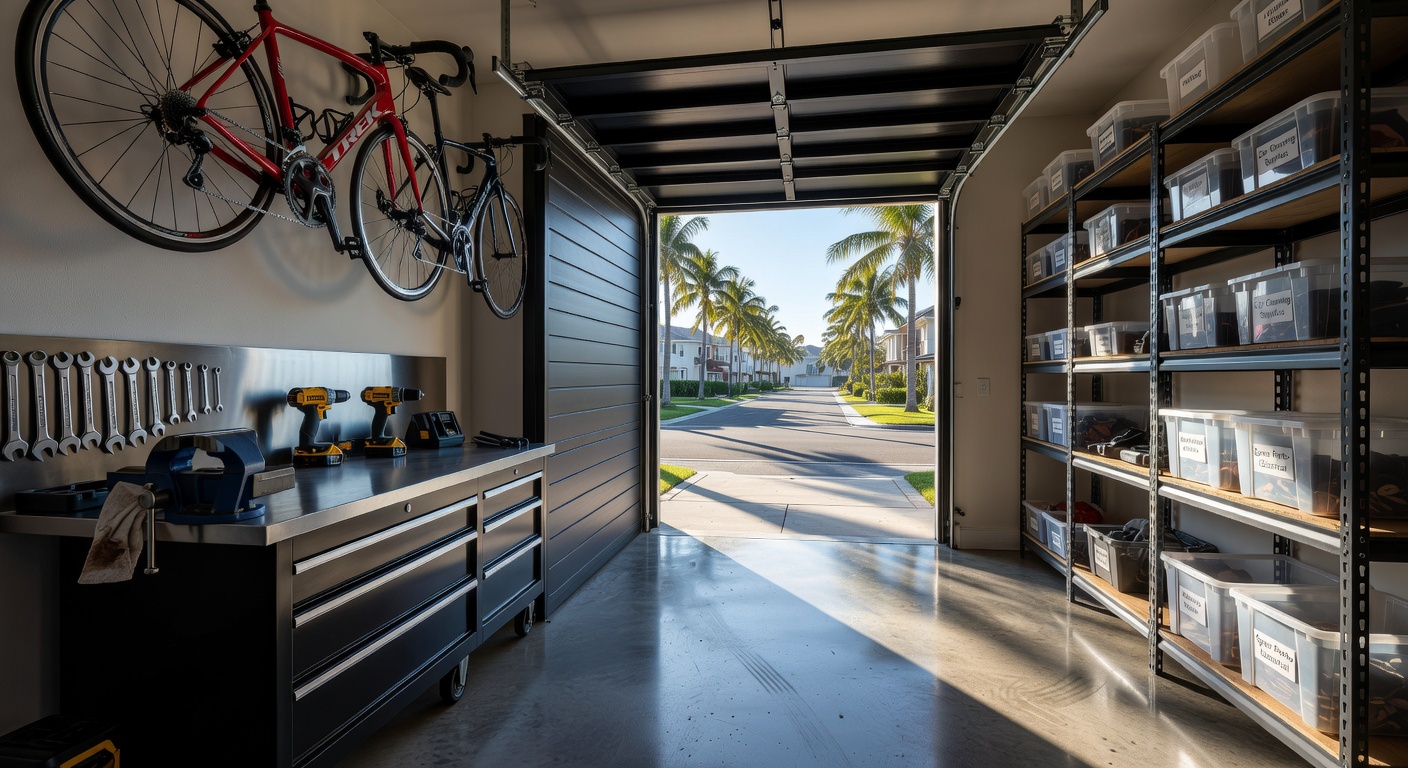 Interior view of clean organized Cape Coral garage with perfectly functioning modern garage door open halfway, natural light streaming in, ultra realistic 8K