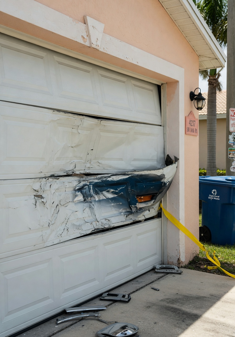 Damaged garage door panel with large dent from vehicle impact, realistic suburban garage exterior in Cape Coral, natural daylight, 8K detail