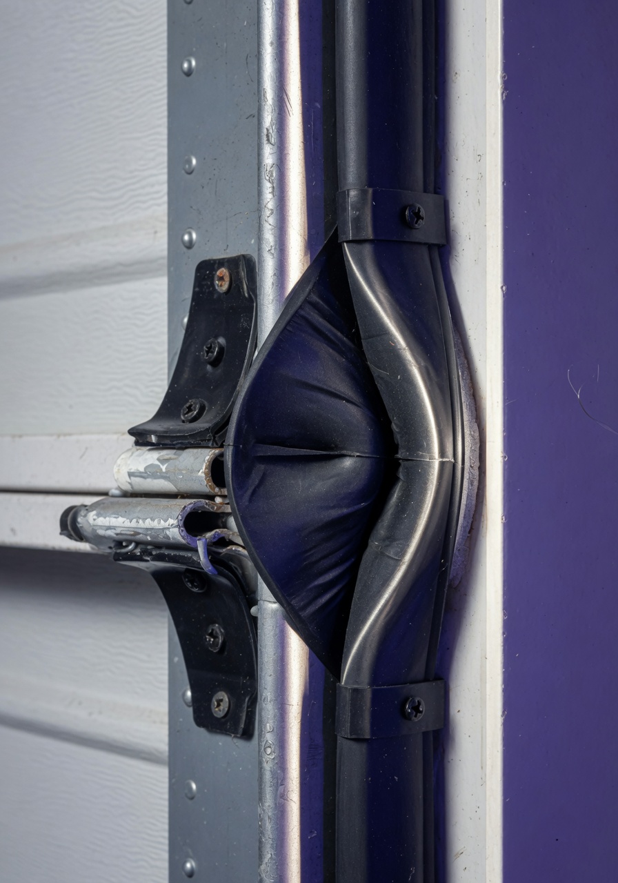 Extreme close-up 8K image showing the compression of garage door side weather stripping against the door frame when closed, technical product photography style