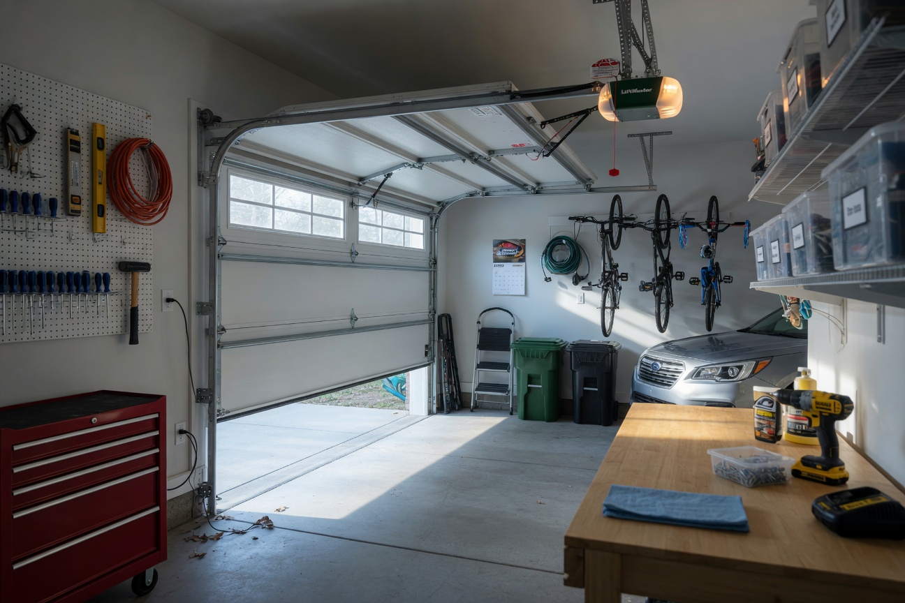 Ultra-realistic 8K image of a quiet residential garage interior with a smoothly operating garage door, organized space, morning light