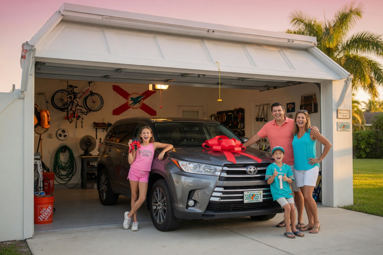 Happy Florida family with new car safely inside a garage with perfectly functioning door, warm afternoon light, realistic lifestyle photography, 8K resolution