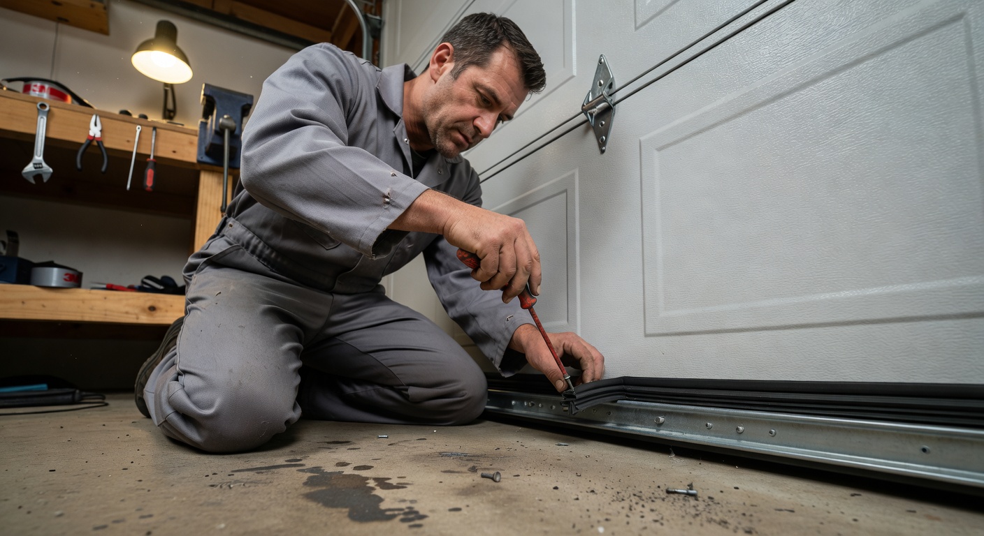 Professional installing new weather seals on the bottom of a garage door, detailed hands and tools, realistic workshop lighting