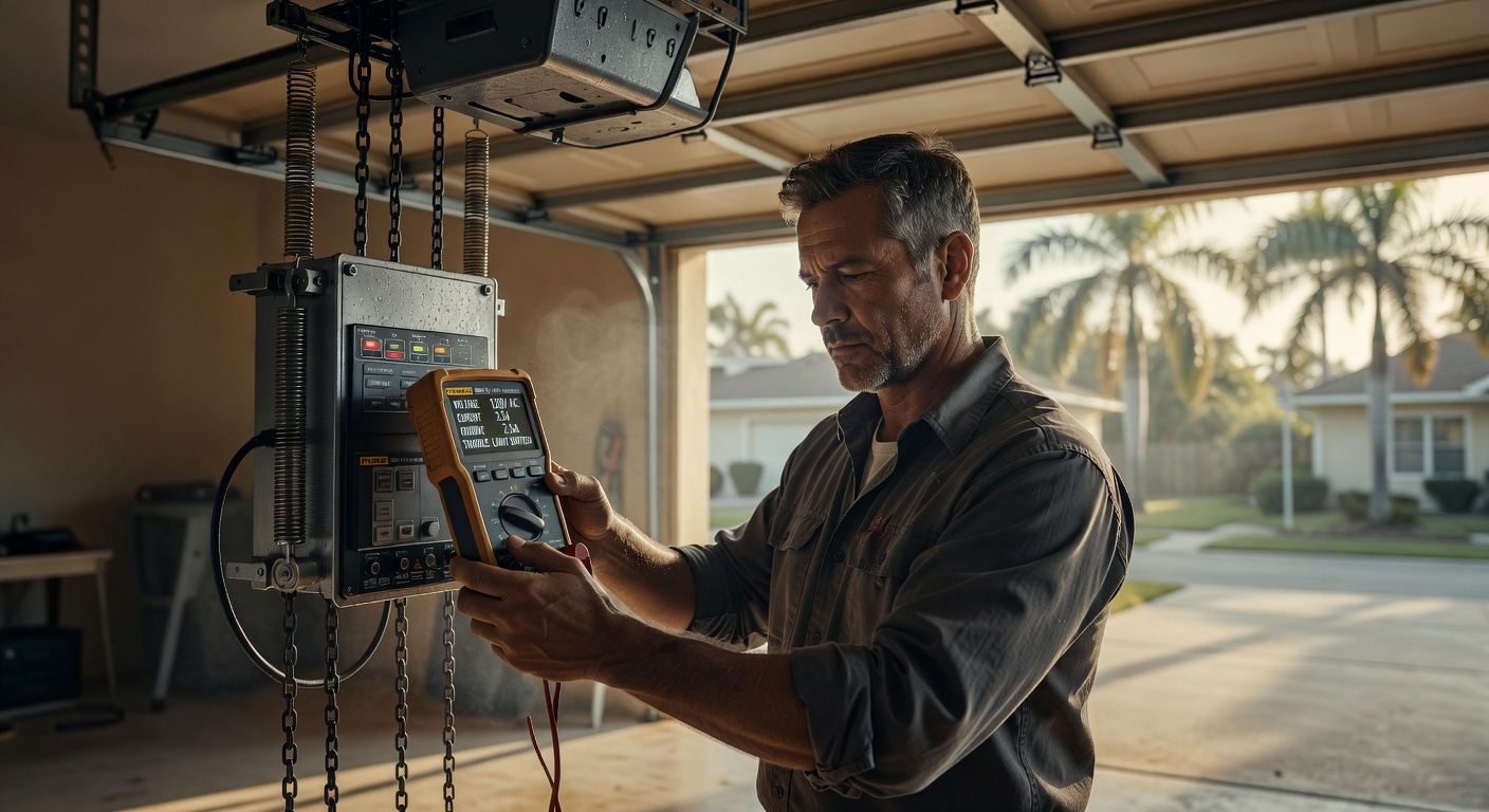 Technician using professional diagnostic equipment on garage door opener system in humid Florida garage, digital readouts visible, photorealistic detail