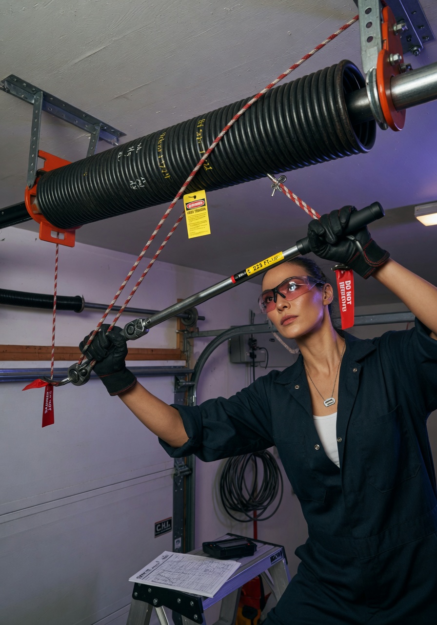 Professional using torque wrench to properly wind a garage door torsion spring with safety cables installed, highly detailed technical shot