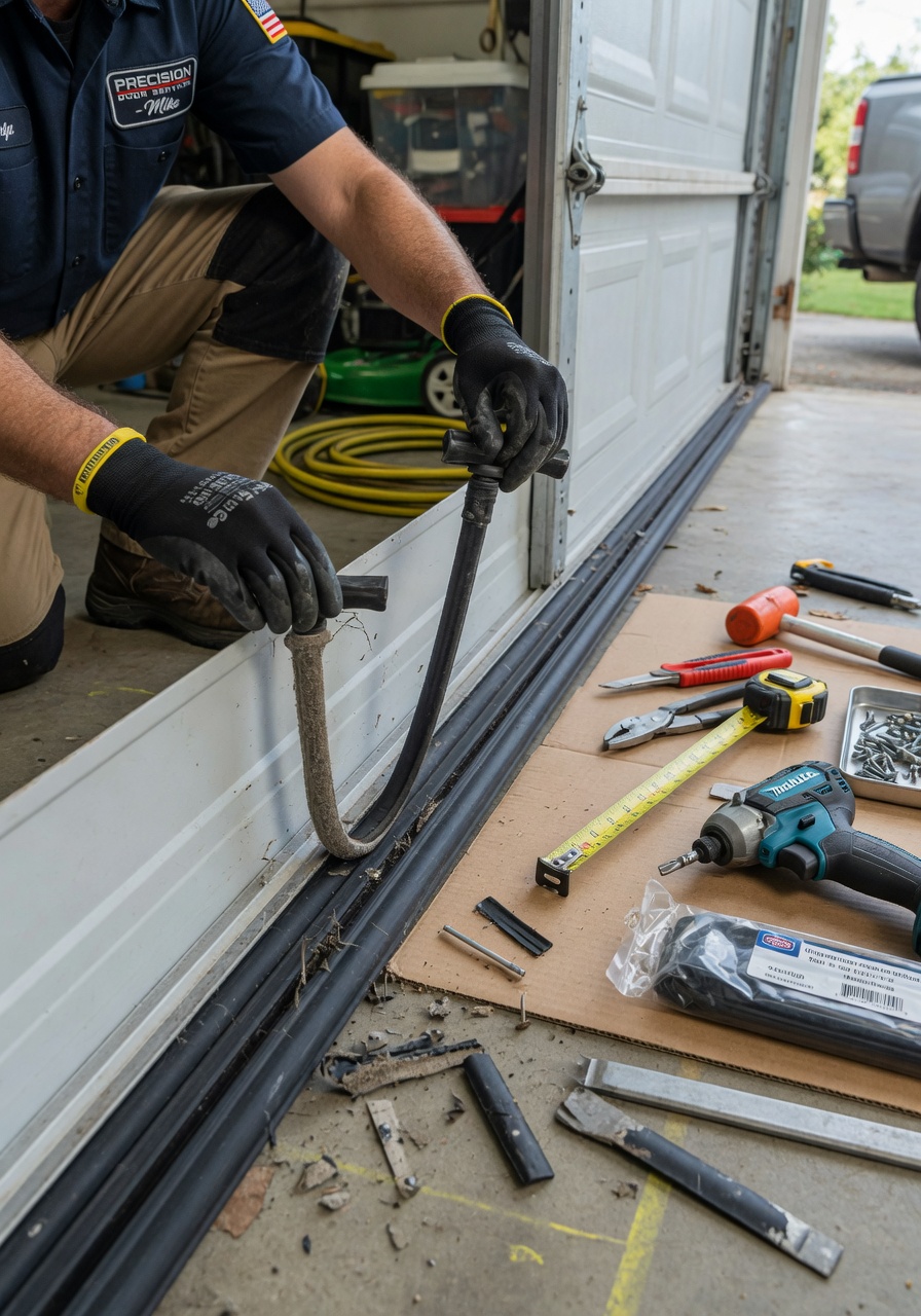Ultra-realistic 8K photograph of a professional technician replacing garage door bottom weather seal, tools visible, focused on the installation process