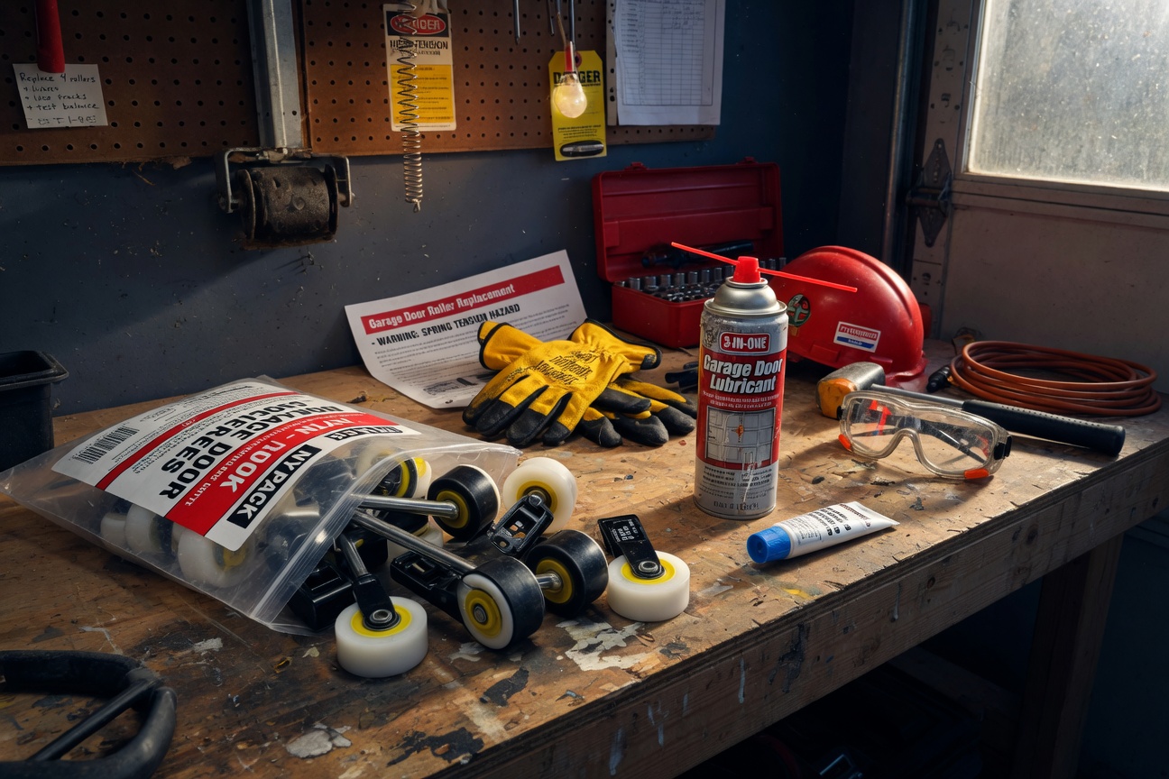 Ultra-realistic 8K photograph of DIY garage door maintenance tools including new nylon rollers, lubricant, and safety equipment on workbench