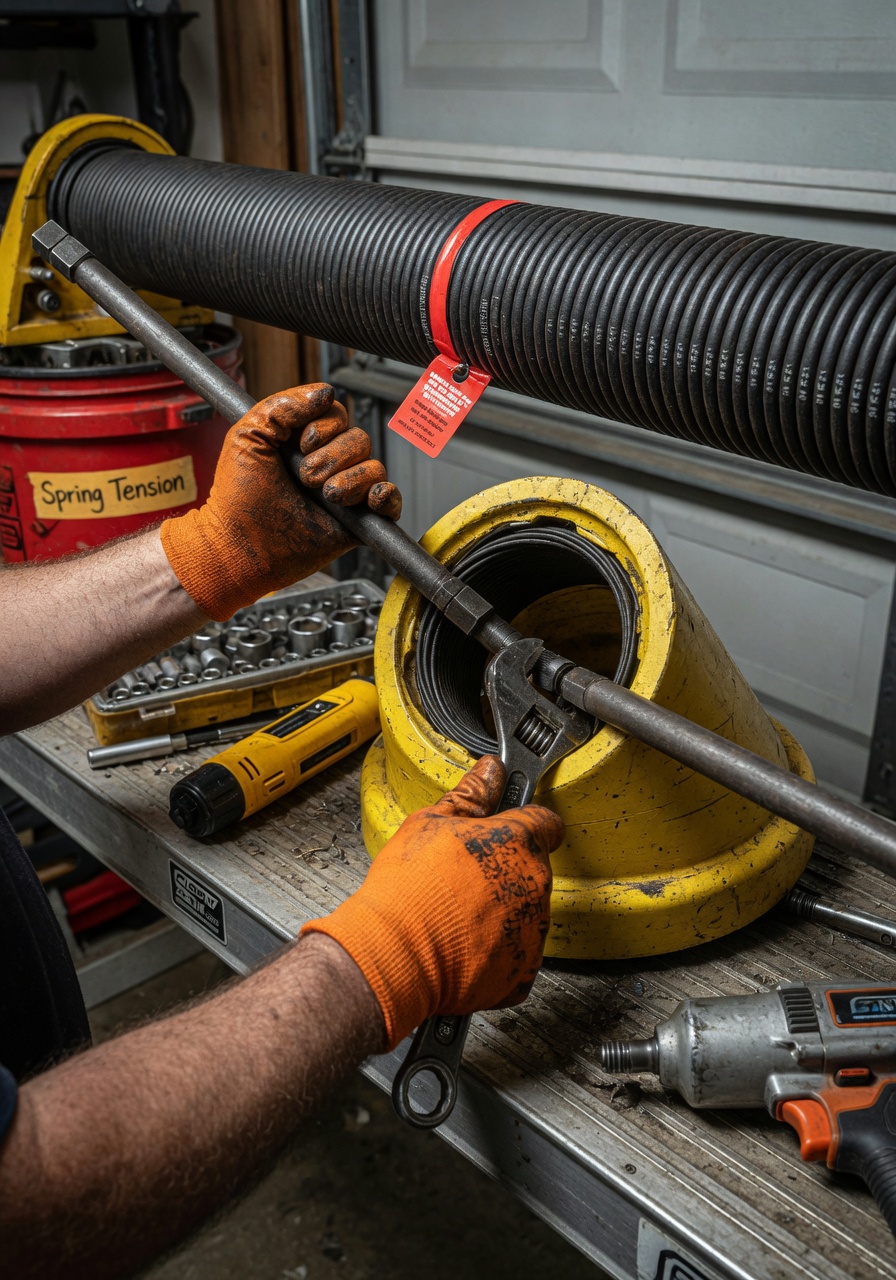 Close-up of technician using specialized tools to adjust garage door spring tension, focus on hands and equipment, ultra-realistic detail, 8K