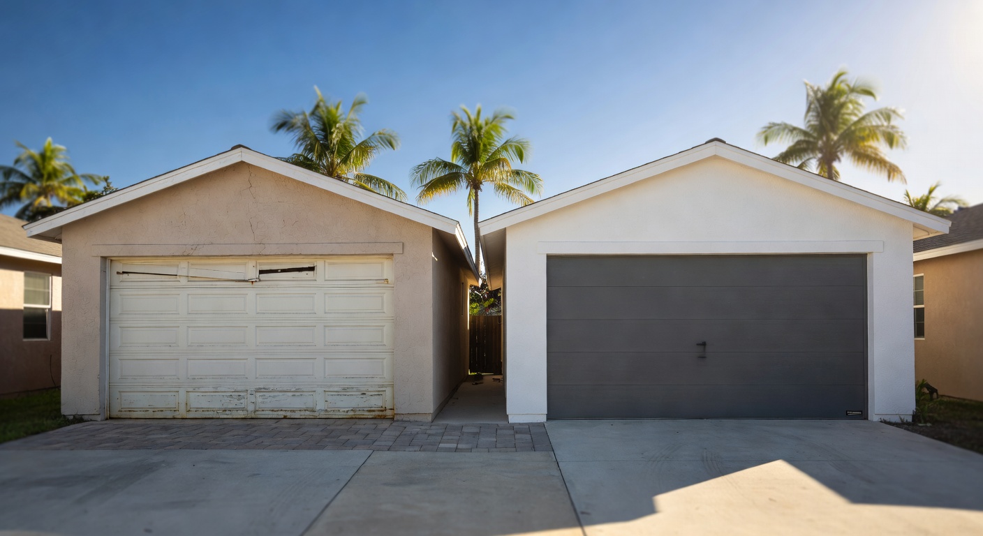 Comparison image of old outdated garage door next to a new modern impact-rated door on adjacent homes in Cape Coral, sunny Florida day