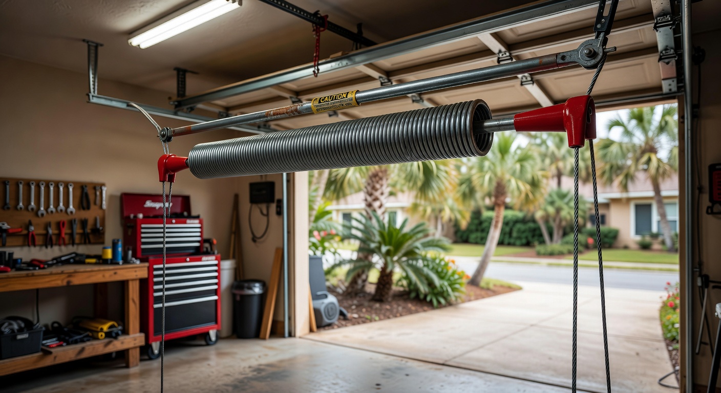 Hurricane preparation scene with garage door being reinforced and opener being serviced by professional in Naples Florida, urgent atmosphere, realistic 8K