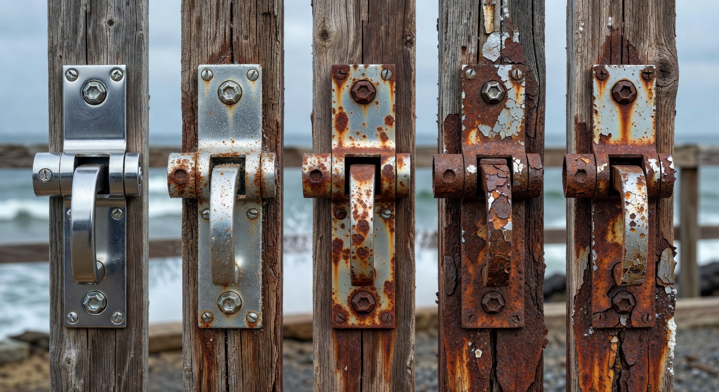 Time-lapse style image showing progression of rust on garage door hardware over 5 years in salt air environment, five stages displayed, highly detailed 8K