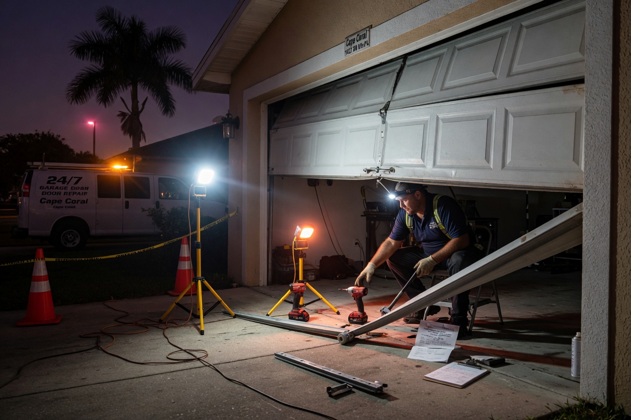 Nighttime emergency garage door repair scene with technician using work lights to fix an off-track door in Cape Coral, dramatic realistic lighting