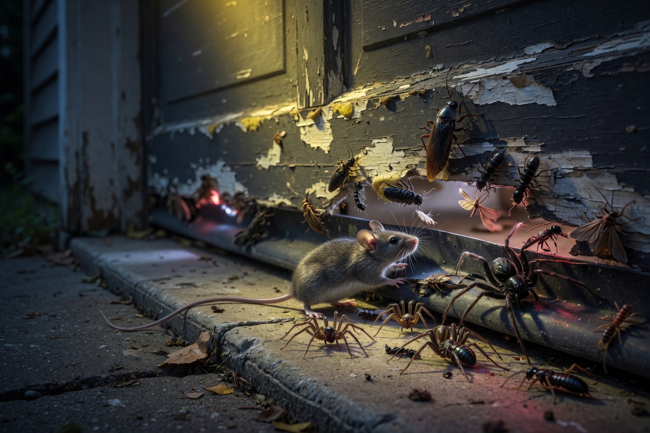 Dramatic 8K image of multiple pests including spiders, mice and insects gathered outside a garage door with failing weather stripping, trying to find entry points at night