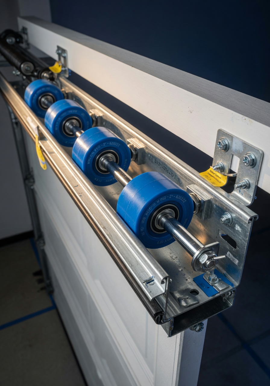 Ultra-realistic 8K image of a garage door track system with newly installed blue nylon rollers, clean and well-maintained, sharp detail