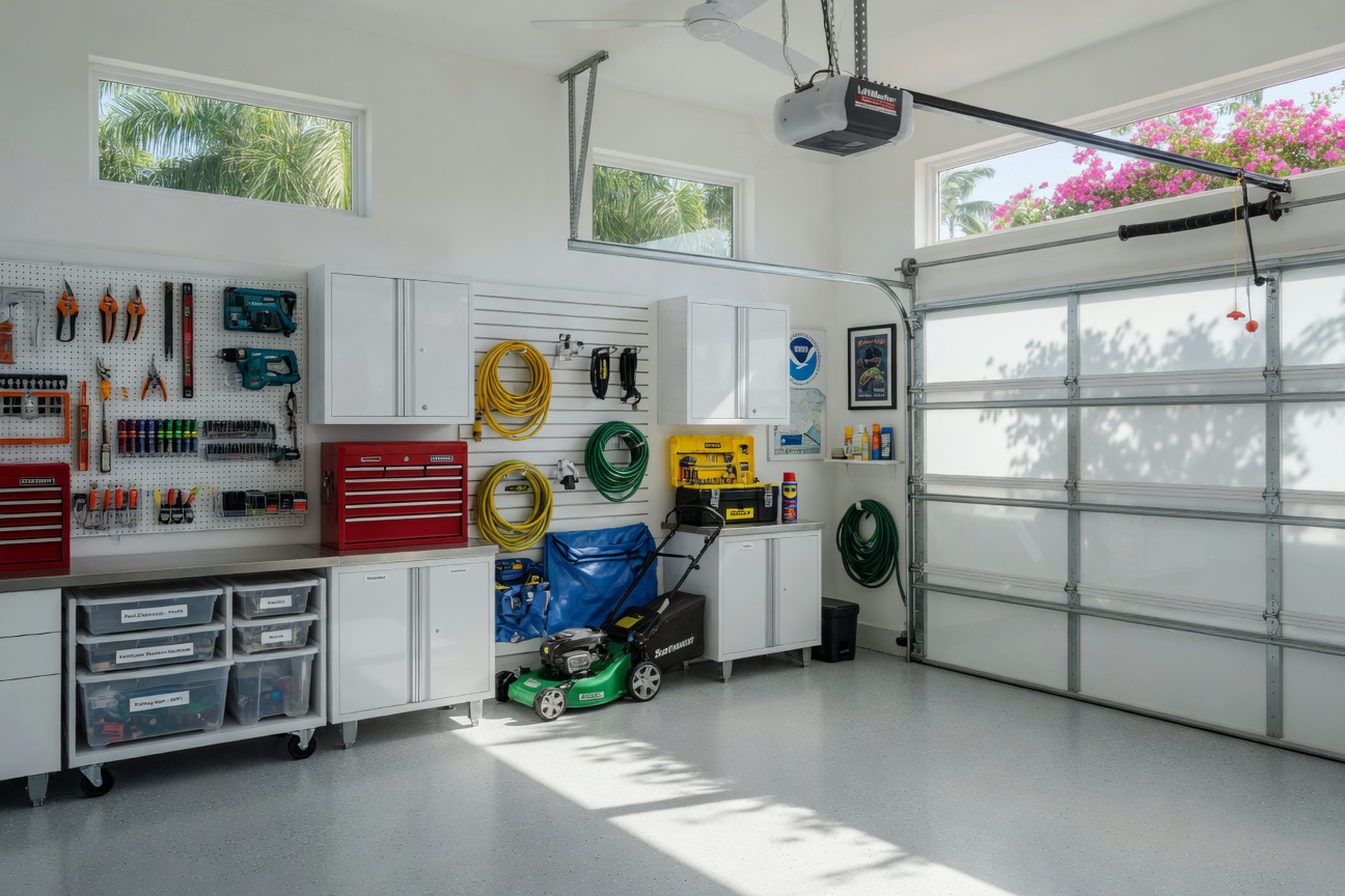Interior view of a Southwest Florida garage showing organized tools and a well-maintained door system, bright clean aesthetic, natural lighting, photorealistic 8K