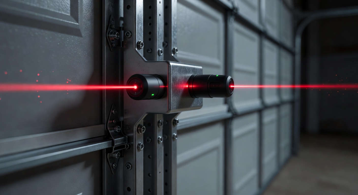 Safety sensors on a garage door with red laser beams visible, close-up technical shot demonstrating proper alignment, 8K resolution