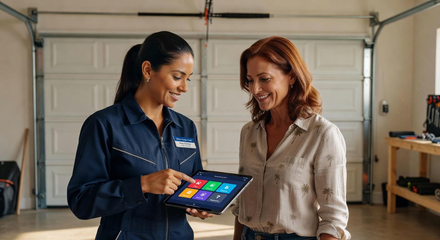 Comparison chart visualization of traditional opener versus smart myQ system with icons and real product images integrated, clean 8K product photography