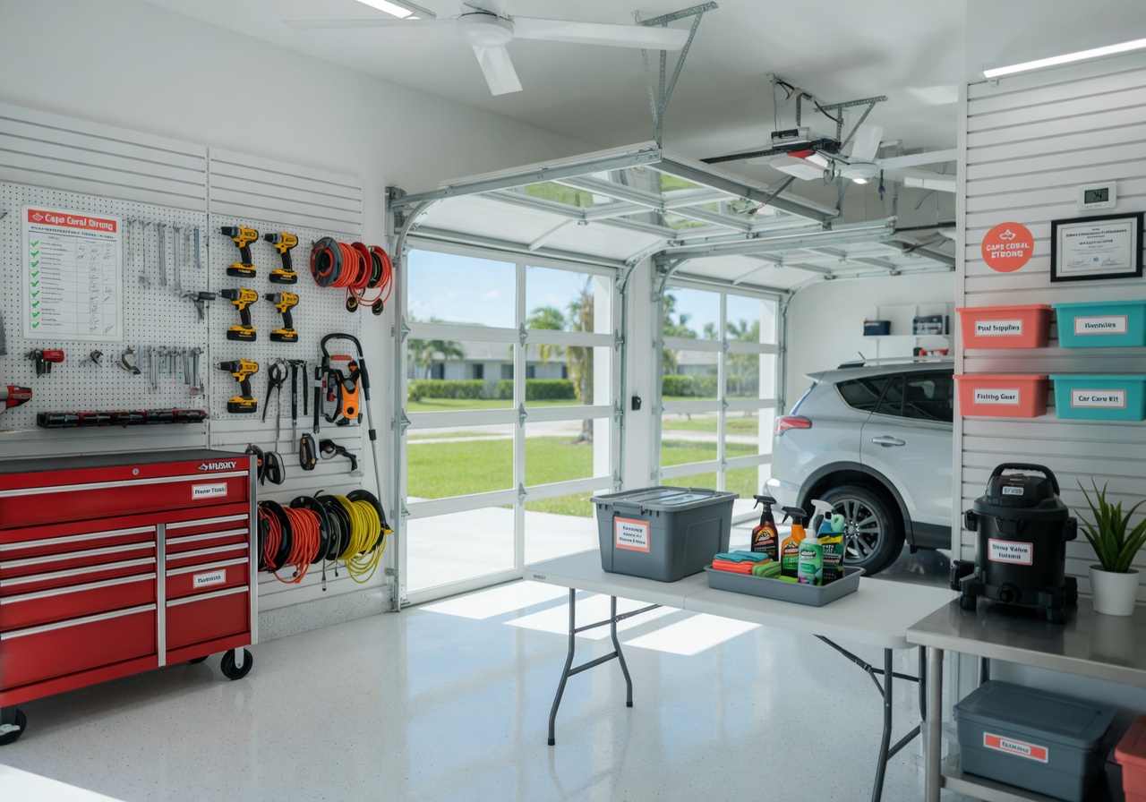 Clean organized Cape Coral garage interior after professional maintenance service, everything working perfectly, bright and inviting 8K image