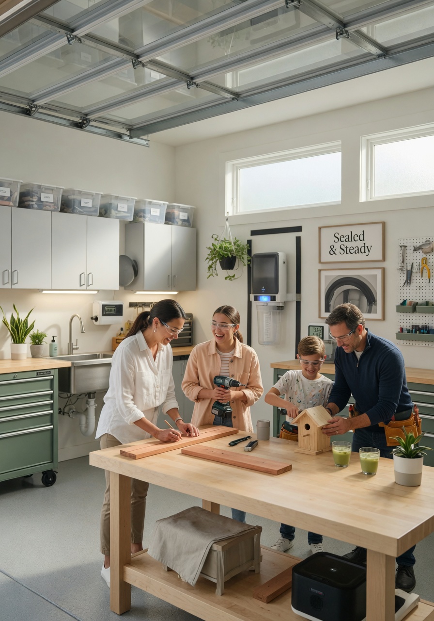 8K lifestyle photograph of a family using their garage as a workshop with excellent weather sealing keeping temperature stable and dust minimal, bright and clean environment