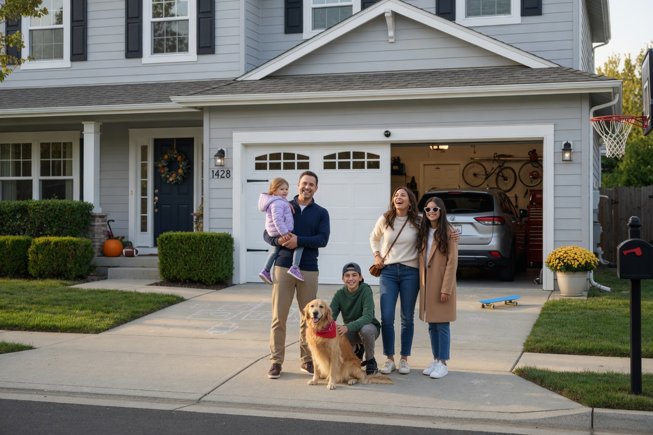 Ultra-realistic 8K lifestyle image of a family in front of their home with a smoothly operating garage door, happy suburban scene