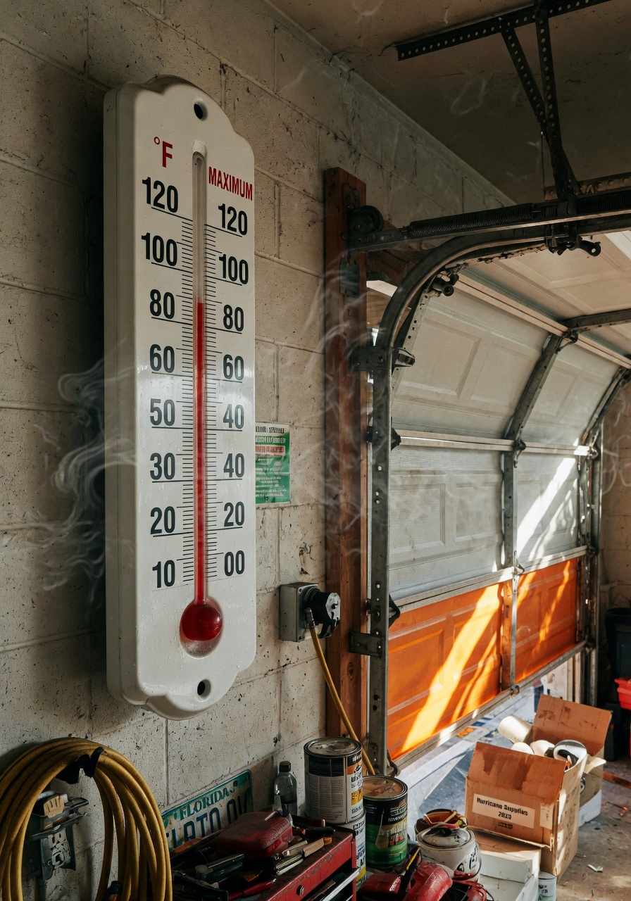 Thermometer showing 115 degrees Fahrenheit inside a Florida garage with heat waves, garage door components visible, dramatic realistic photography, ultra-detailed