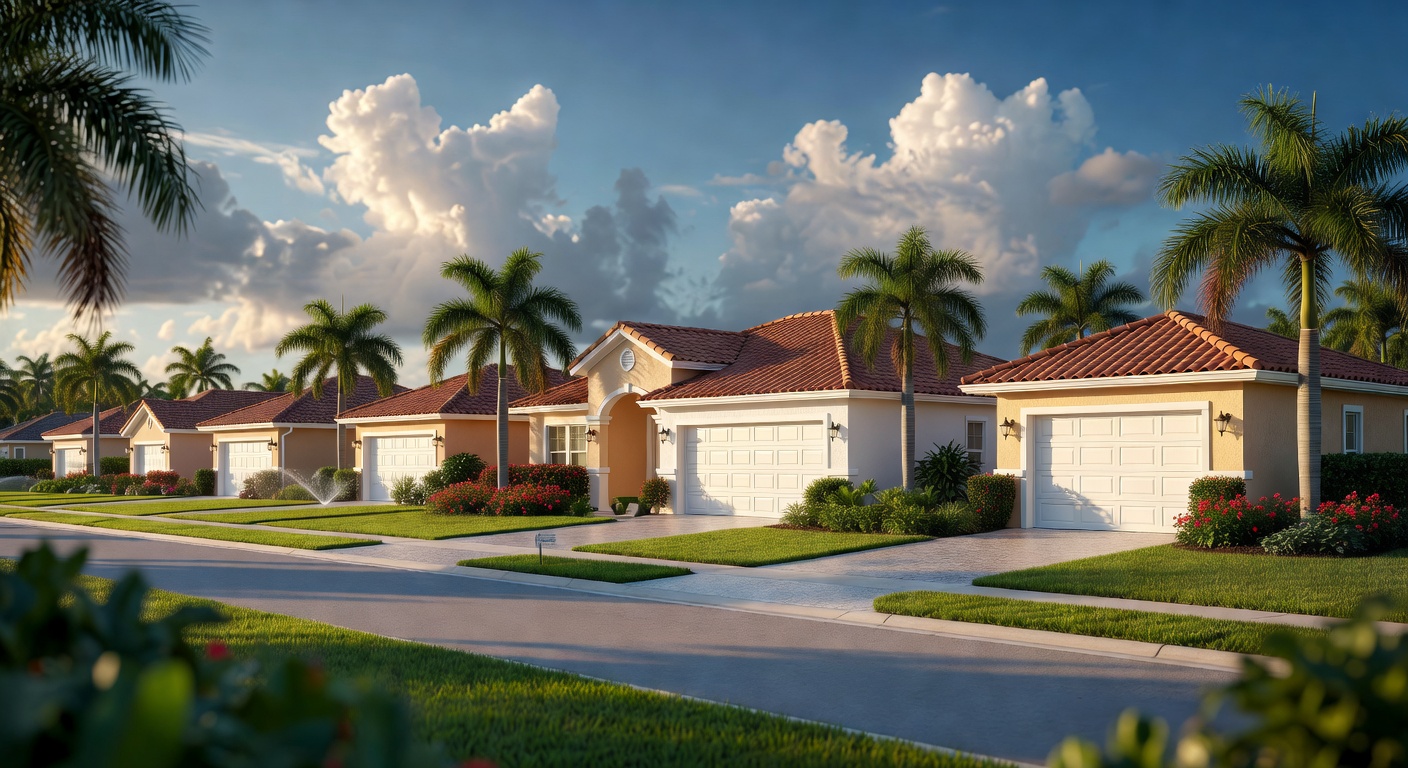 Cape Coral neighborhood street view with multiple homes featuring well-maintained white garage doors, lush landscaping, blue sky with clouds