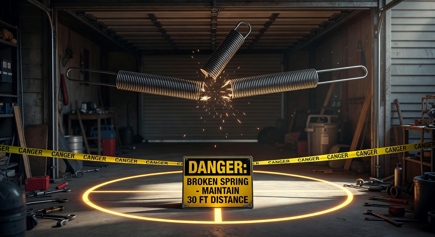 Safety warning infographic style image showing dangerous broken garage door spring scenario with proper safety distance, educational but dramatic, photorealistic elements