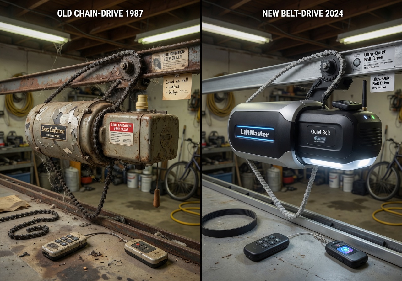 Side-by-side comparison of old noisy garage door opener versus new quiet belt-drive model, realistic garage setting, ultra detailed 8K