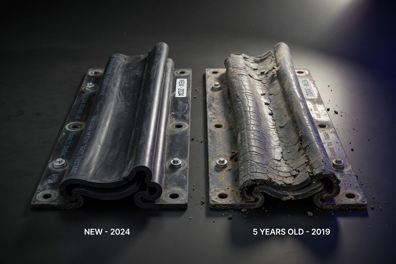 Ultra-realistic 8K image of new versus five-year-old garage door weather stripping side by side, showing material degradation over time under identical conditions