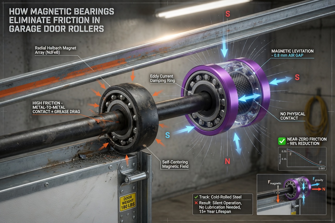 Ultra-realistic 8K technical illustration showing how magnetic bearings reduce friction in garage door rollers, educational style with realistic textures