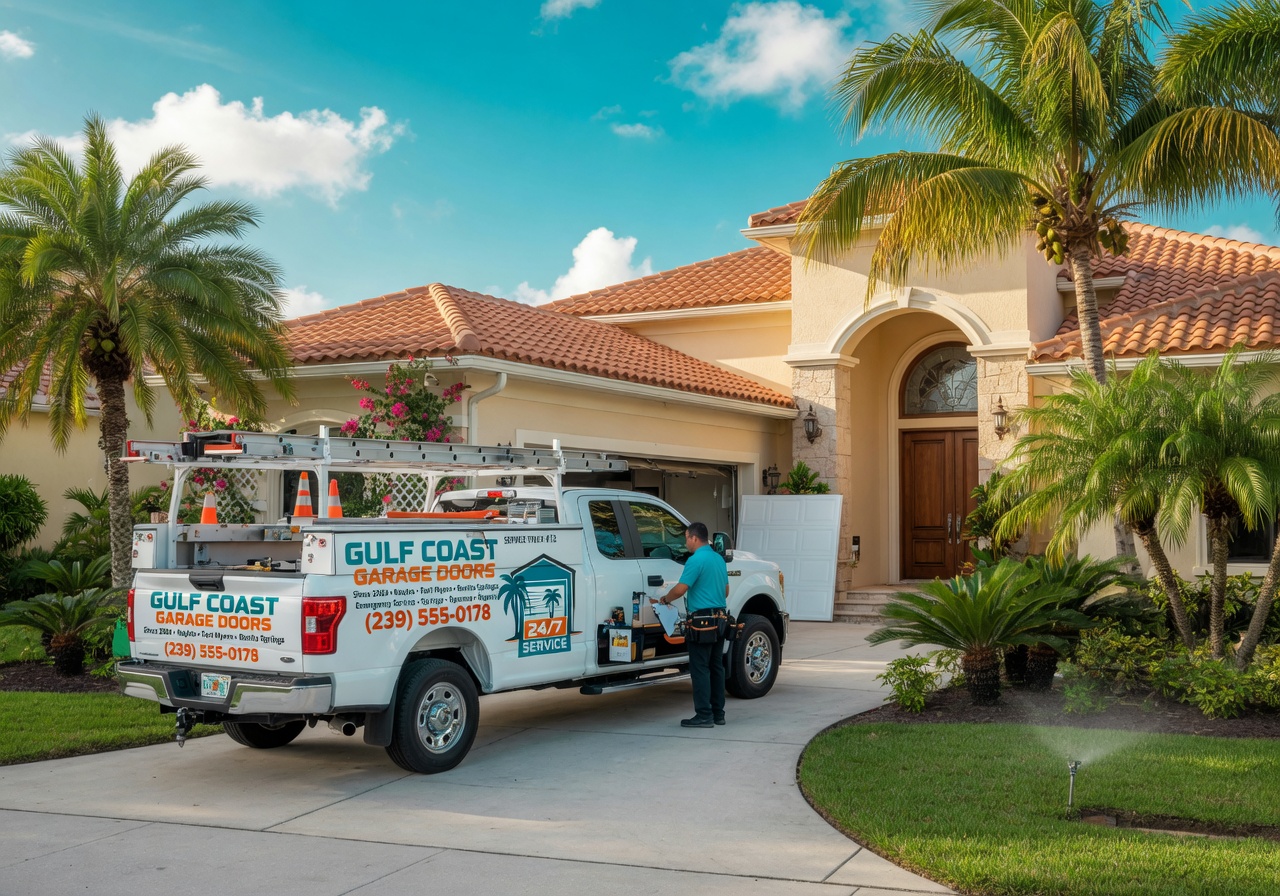 Professional garage door service truck parked in front of a beautiful Southwest Florida home with palm trees, sunny day, realistic branding visible, 8K resolution